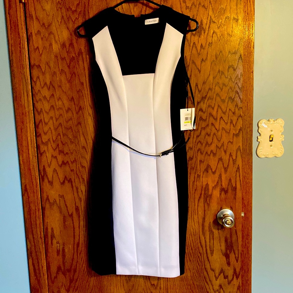 NWT dress by Calvin Klein. Black w/white front stripe with accent belt. Size 4